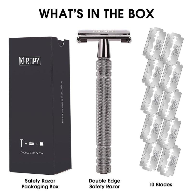 Keropy Double Edge Safety Razor for Men with 10 Blades, Butterfly Open Design for Close Shave - Eco-Friendly Metal Razor, Premium Gift for Dad, Husband - Modern Shaving Kit - Gloss Black - Image 2